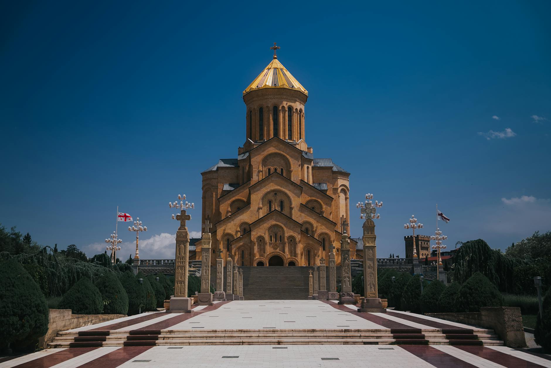 View of the Holy Trinity Cathedral with bright skies in Tbilisi, Georgia.